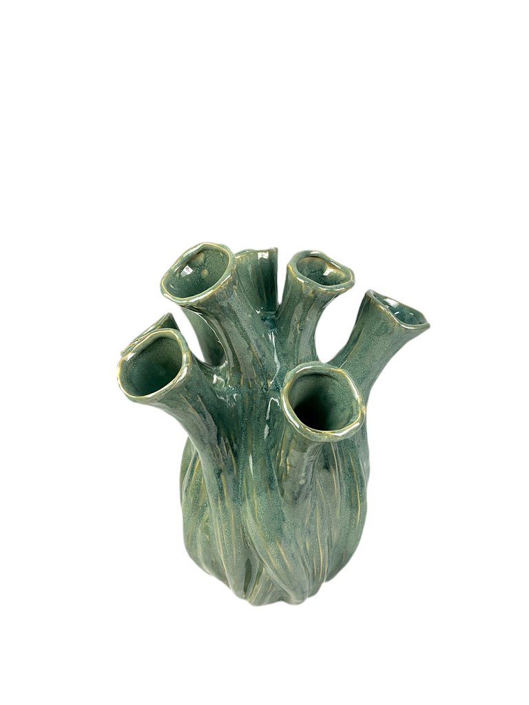 Vaso artistico in ceramica verde con bocche multiple