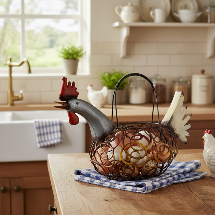 Portauova Decorativo a Forma di Gallina in Metallo – Cestino per Uova e Arredo Cucina