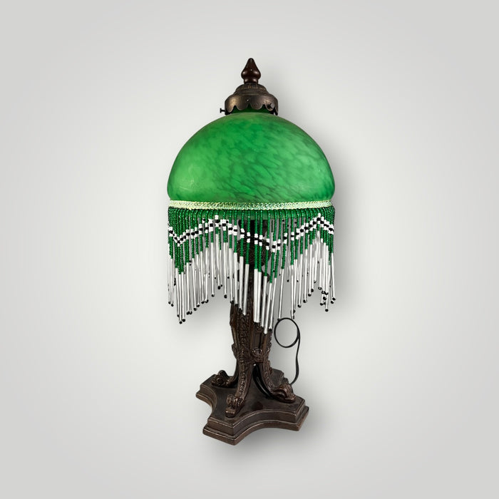 Lampada da Tavolo Tiffany Verde Vintage con Frange