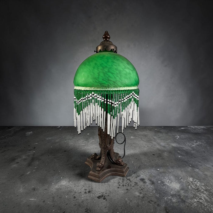 Lampada da Tavolo Tiffany Verde Vintage con Frange